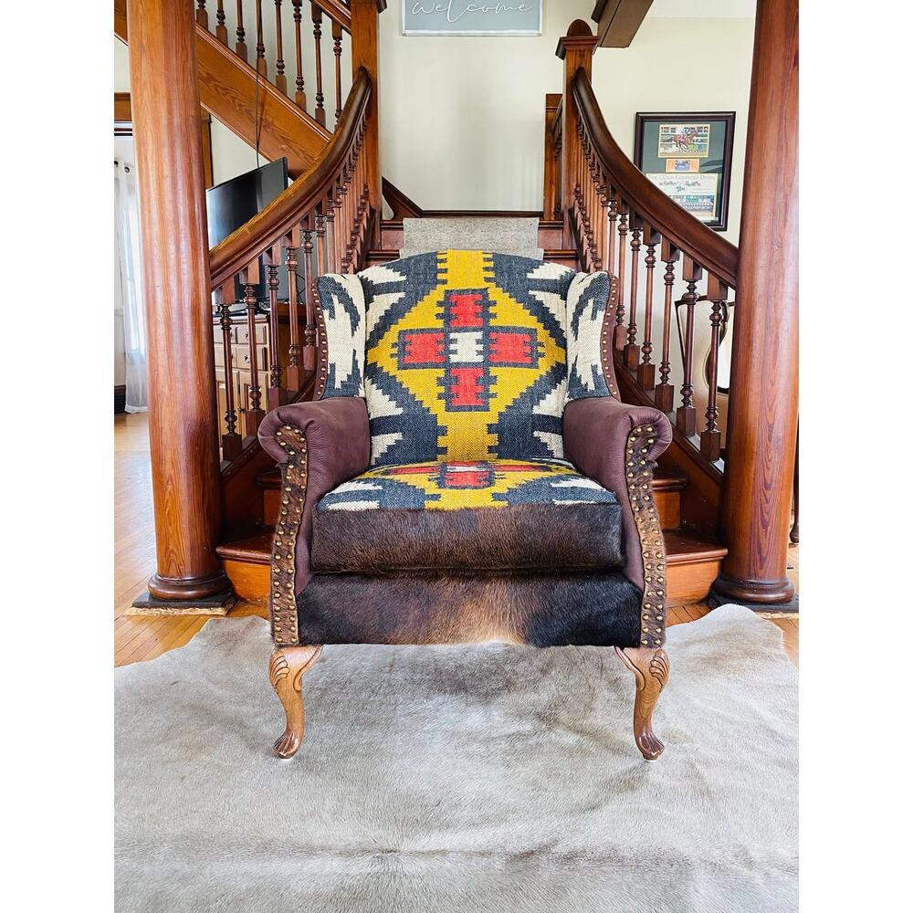 Hand Upholstered Wingback Chair – Southwestern Textile & Cowhide Accent